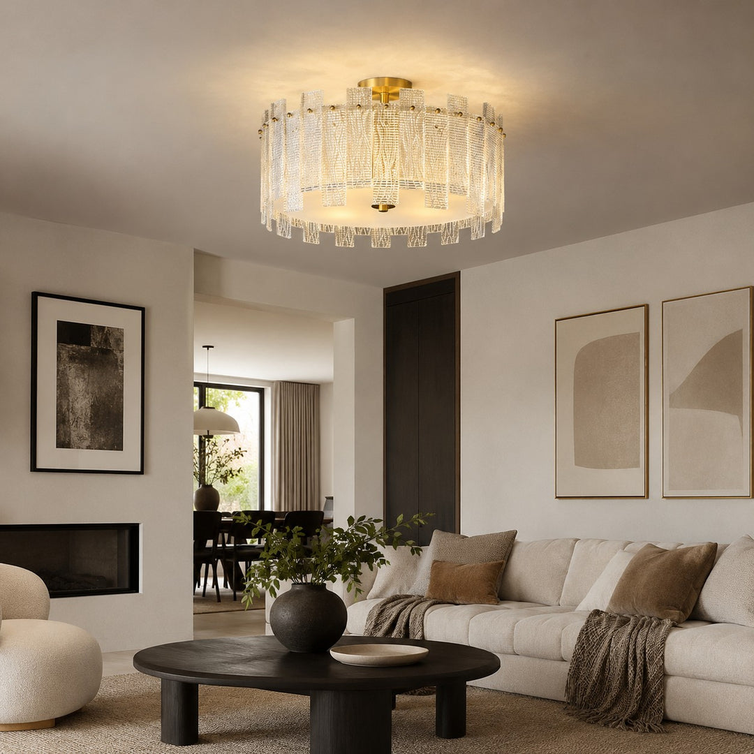 Modern Ceiling Light Flush Mount Textured Glass Copper Frame Warm Ambient Illumination