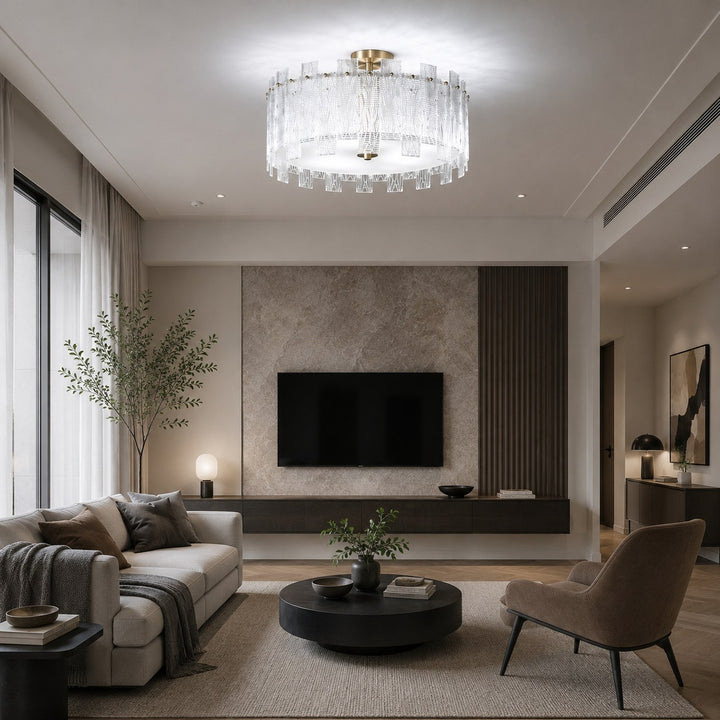 Modern Ceiling Light Flush Mount Textured Glass Copper Frame Warm Ambient Illumination