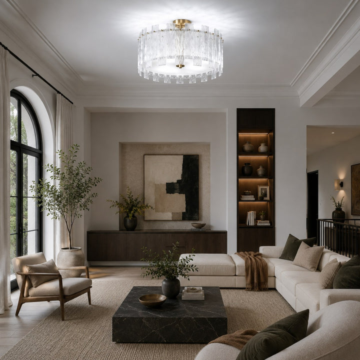 Modern Ceiling Light Flush Mount Textured Glass Copper Frame Warm Ambient Illumination