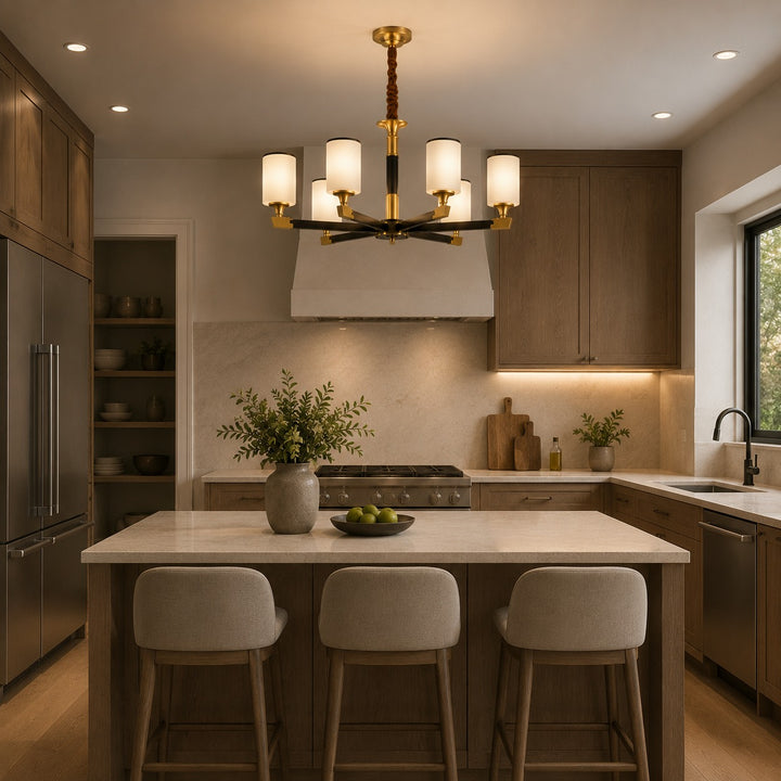 Modern Chandelier Light Upward Glass Shades Copper Body Gold Finish LED Compatible 3-10 Head Sizes