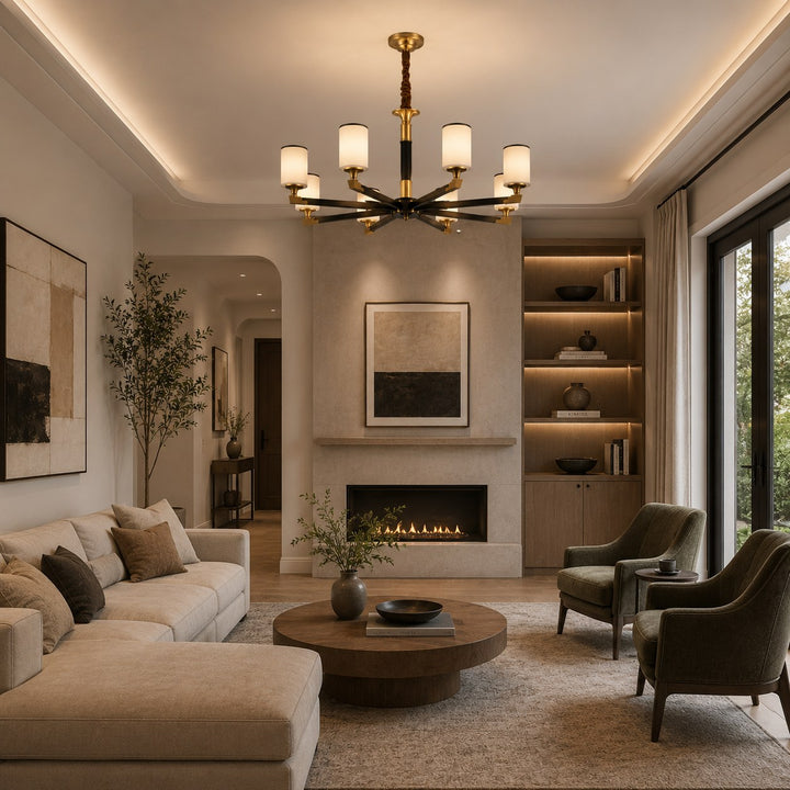 Modern Chandelier Light Upward Glass Shades Copper Body Gold Finish LED Compatible 3-10 Head Sizes