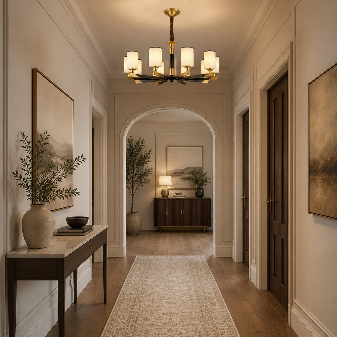 Modern Chandelier Light Upward Glass Shades Copper Body Gold Finish LED Compatible 3-10 Head Sizes