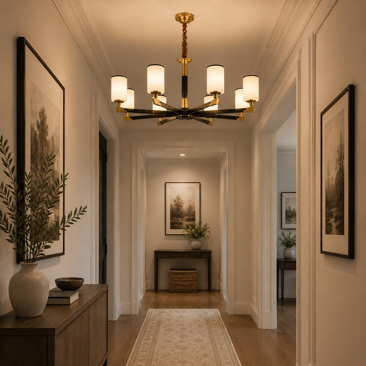 Modern Chandelier Light Upward Glass Shades Copper Body Gold Finish LED Compatible 3-10 Head Sizes