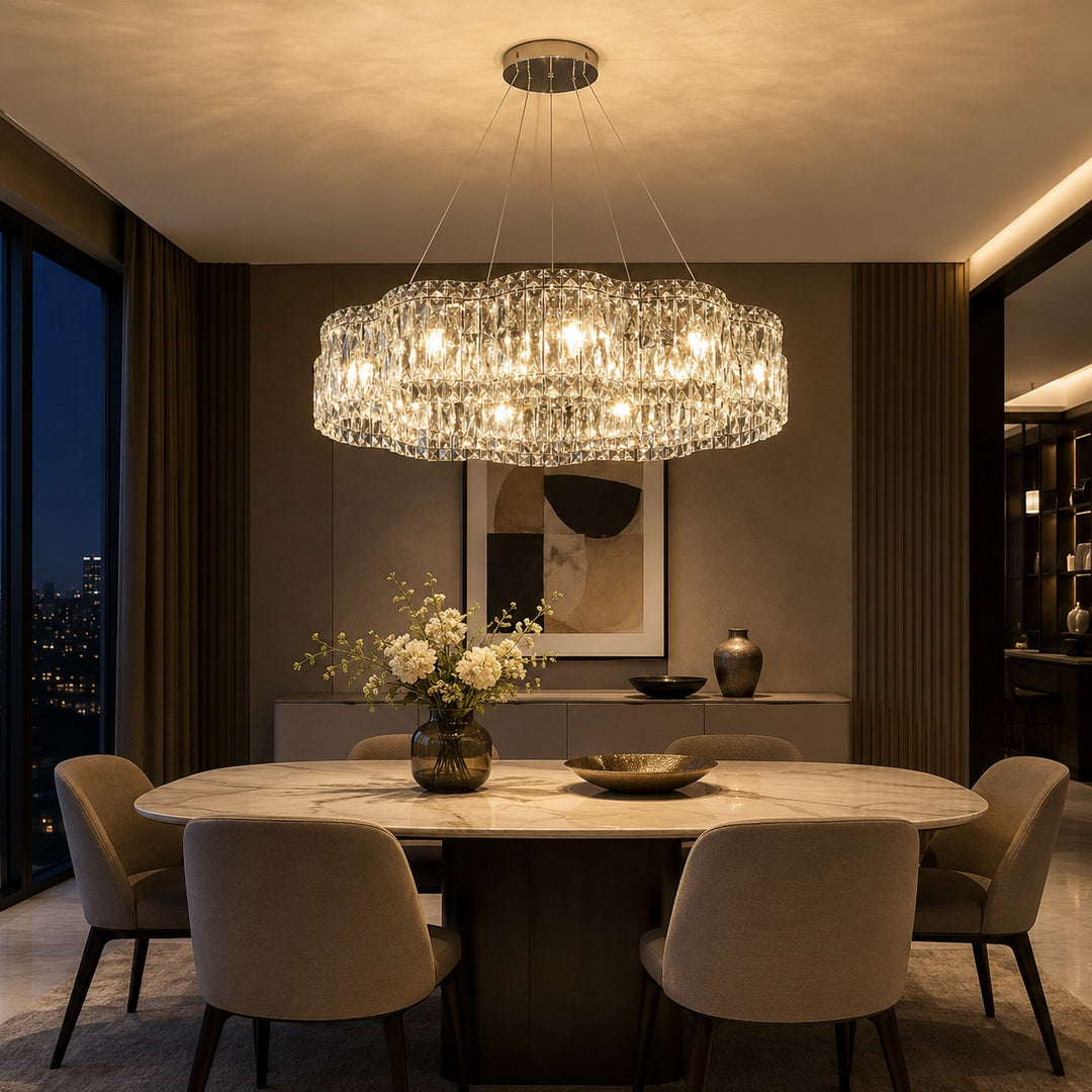 Modern Crystal Chandelier Adjustable Hanging Light Fixture Stainless Steel LED Illumination
