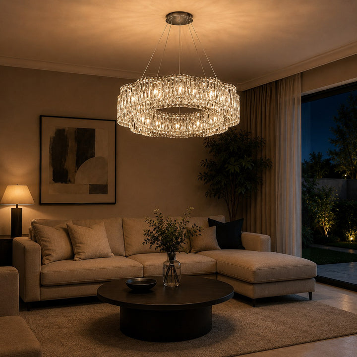 Modern Crystal Chandelier Adjustable Hanging Light Fixture Stainless Steel LED Illumination