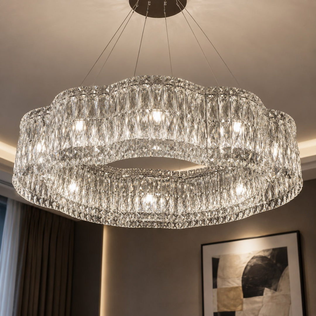 Modern Crystal Chandelier Adjustable Hanging Light Fixture Stainless Steel LED Illumination