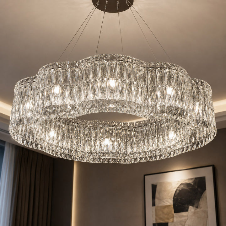 Modern Crystal Chandelier Adjustable Hanging Light Fixture Stainless Steel LED Illumination