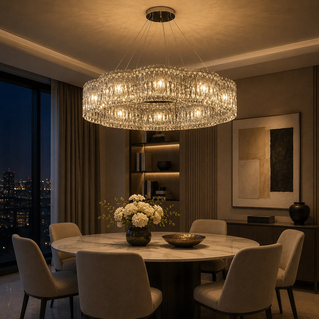 Modern Crystal Chandelier Adjustable Hanging Light Fixture Stainless Steel LED Illumination
