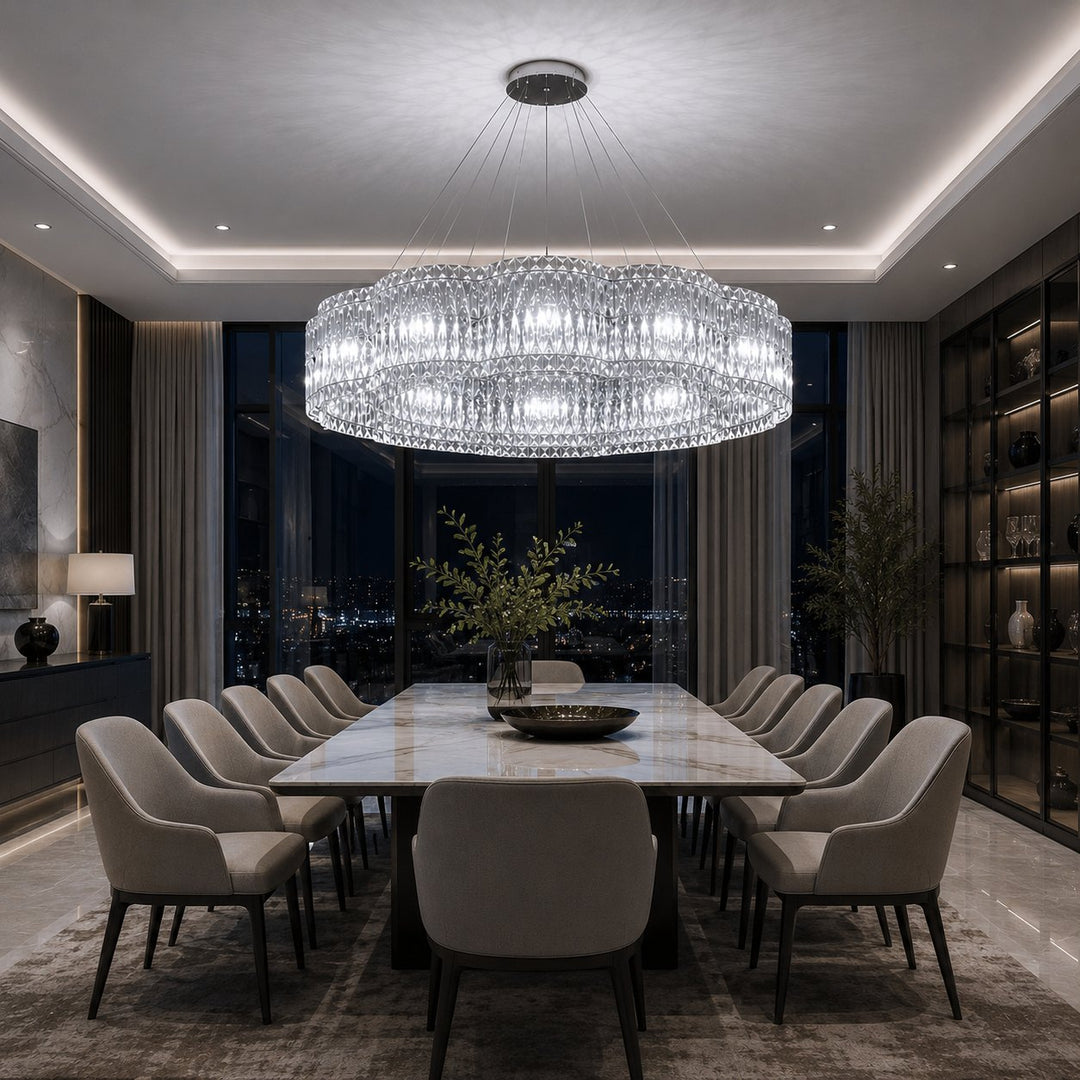 Modern Crystal Chandelier Adjustable Hanging Light Fixture Stainless Steel LED Illumination