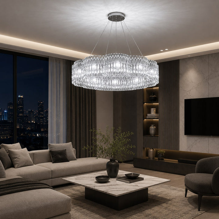 Modern Crystal Chandelier Adjustable Hanging Light Fixture Stainless Steel LED Illumination