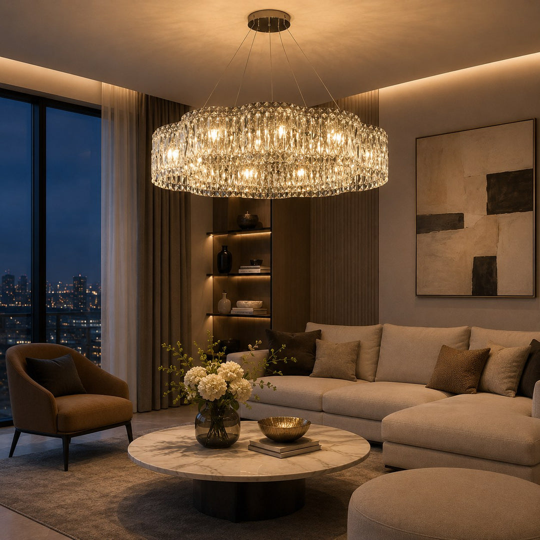 Modern Crystal Chandelier Adjustable Hanging Light Fixture Stainless Steel LED Illumination