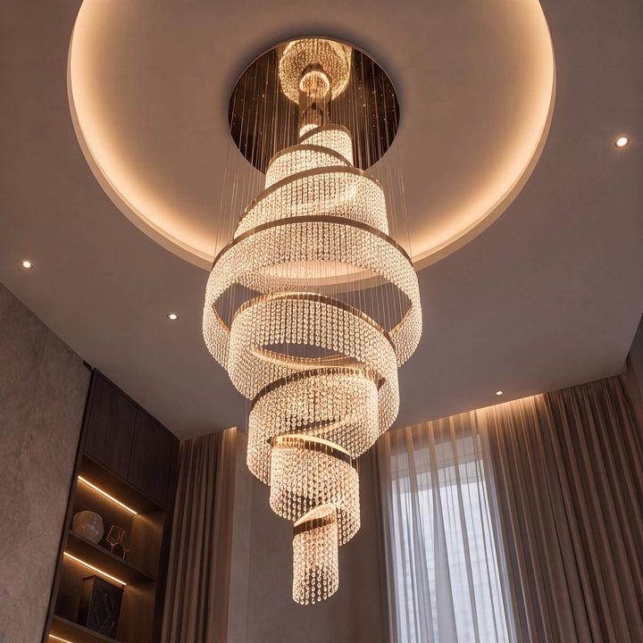 Modern Crystal Chandelier Multi-Ring Hanging LED Light Fixture Stainless Steel Adjustable