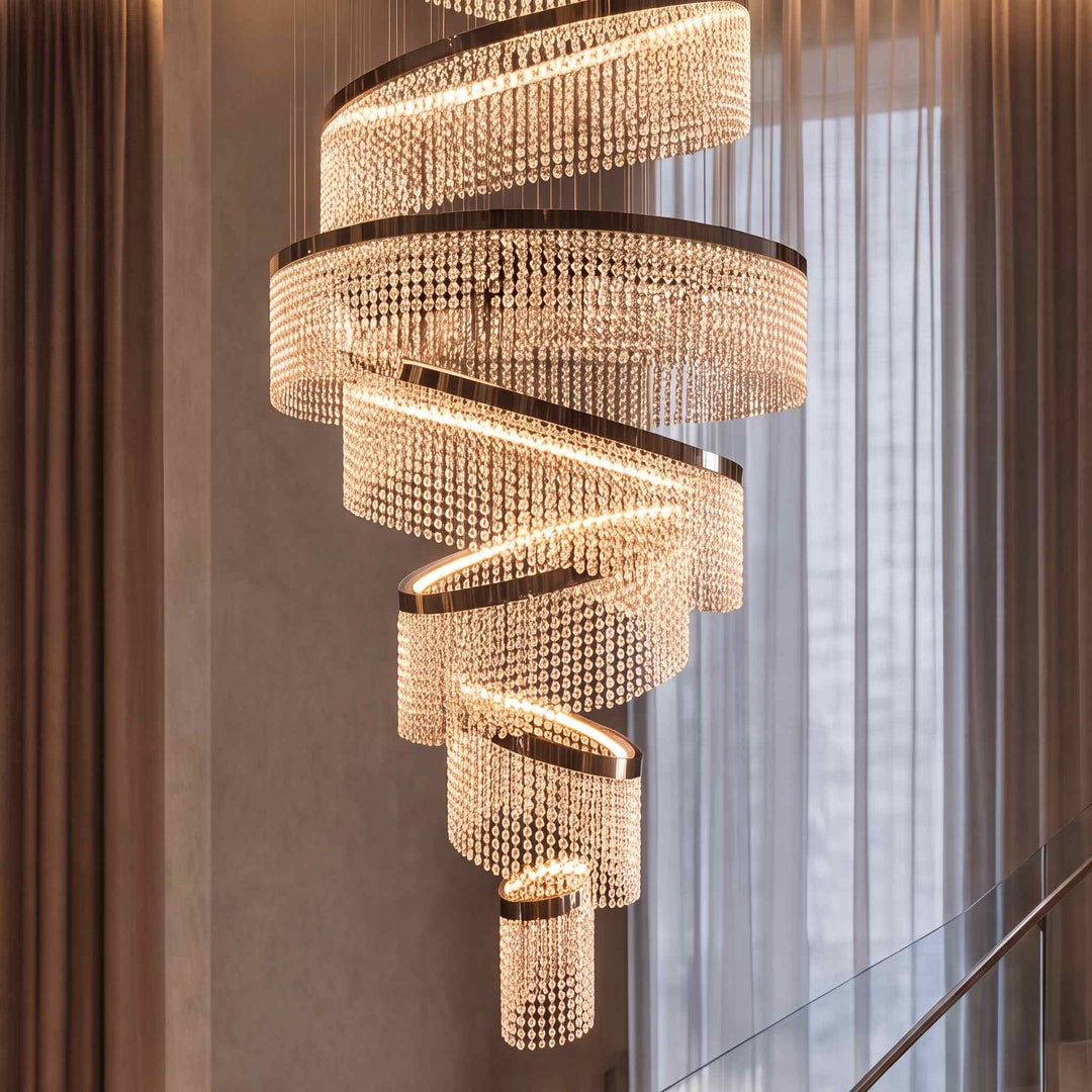 Modern Crystal Chandelier Multi-Ring Hanging LED Light Fixture Stainless Steel Adjustable