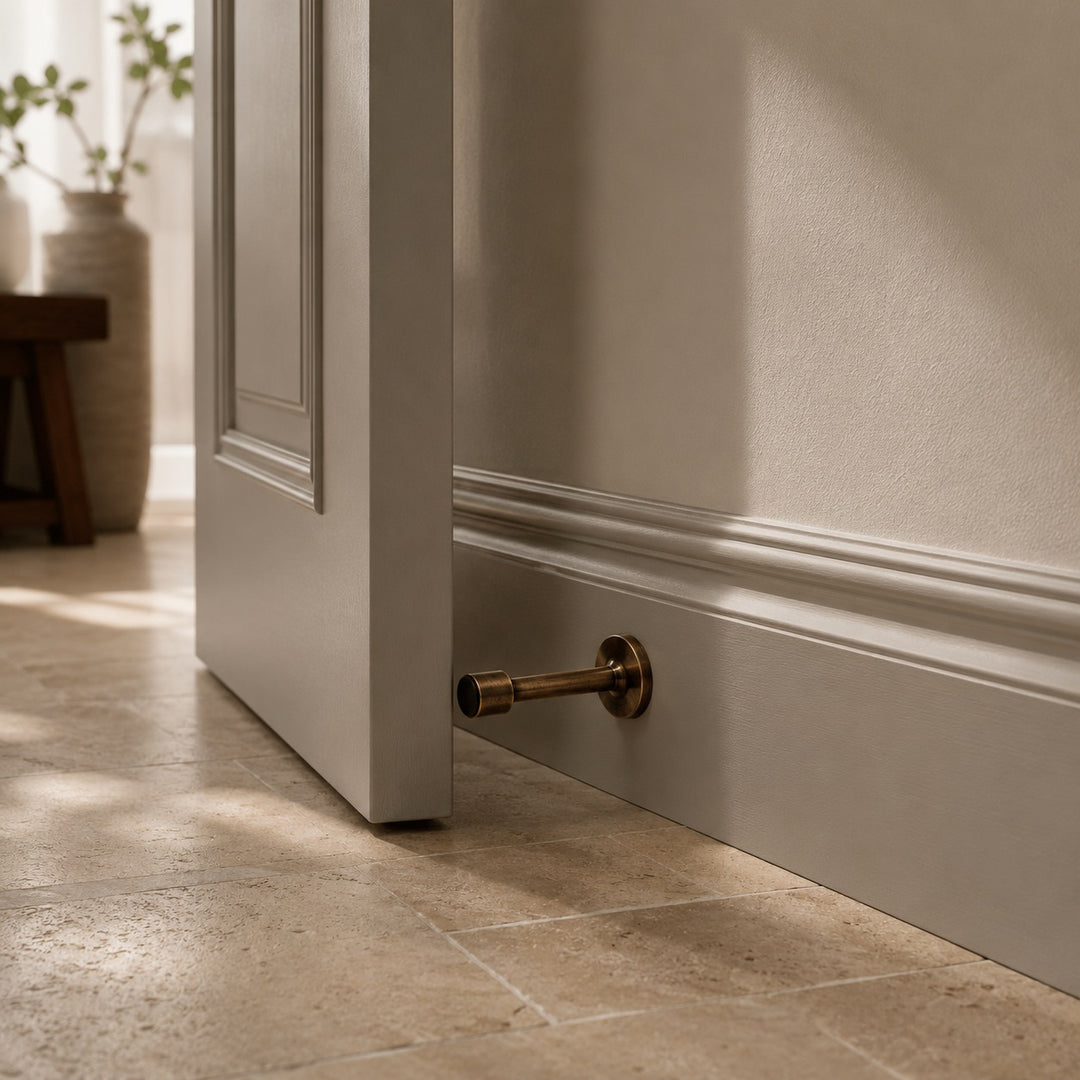 Modern Door Stop Solid Brass Adhesive or Screw Mounted with Rubber Tip for Noise Reduction
