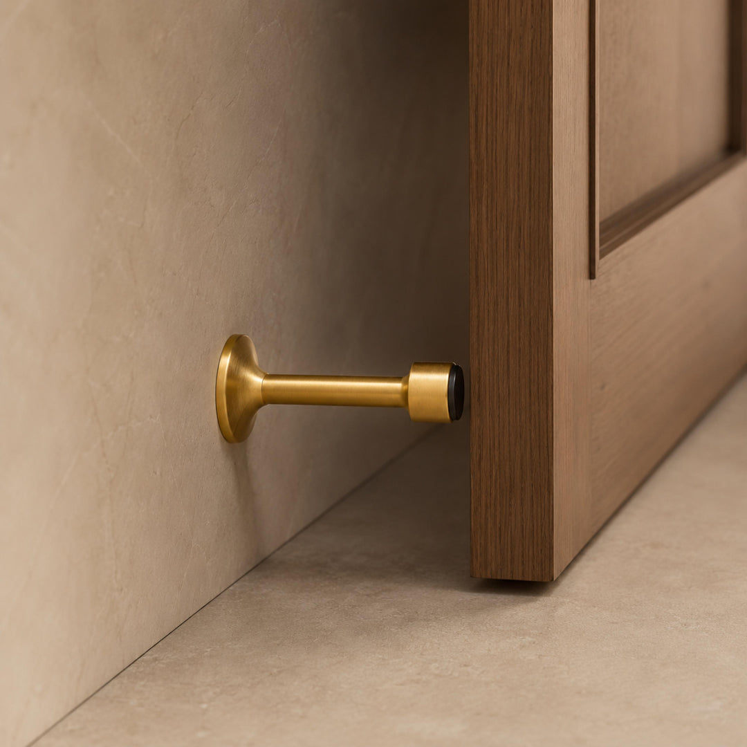 Modern Door Stop Solid Brass Adhesive or Screw Mounted with Rubber Tip for Noise Reduction