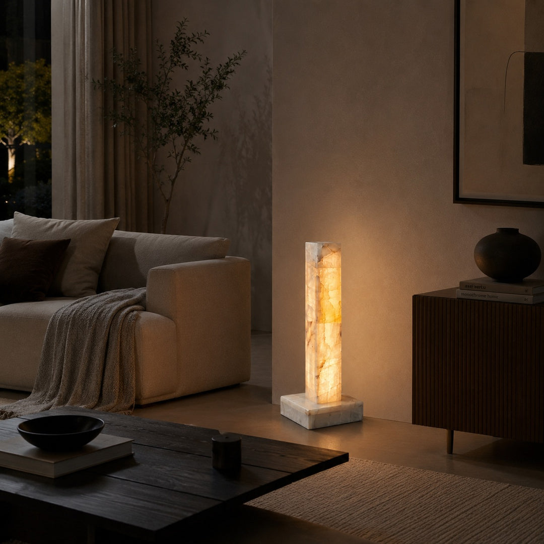 Modern Floor Lamp Adjustable Alabaster Body with Marble Base and Integrated LED Lighting
