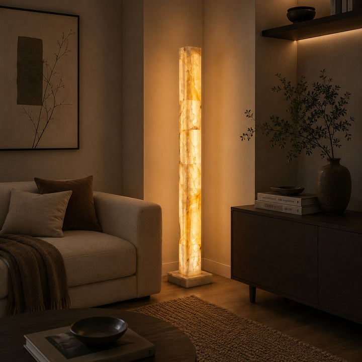 Modern Floor Lamp Adjustable Alabaster Body with Marble Base and Integrated LED Lighting