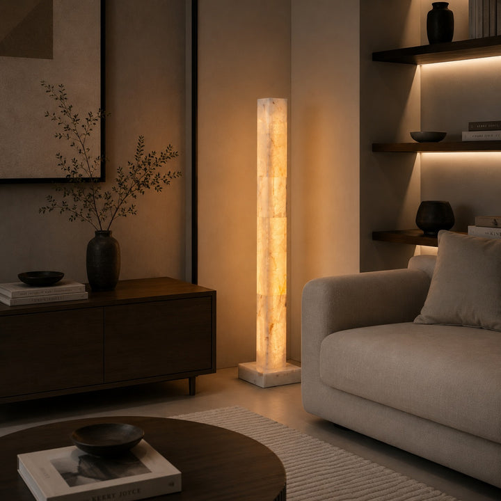 Modern Floor Lamp Adjustable Alabaster Body with Marble Base and Integrated LED Lighting