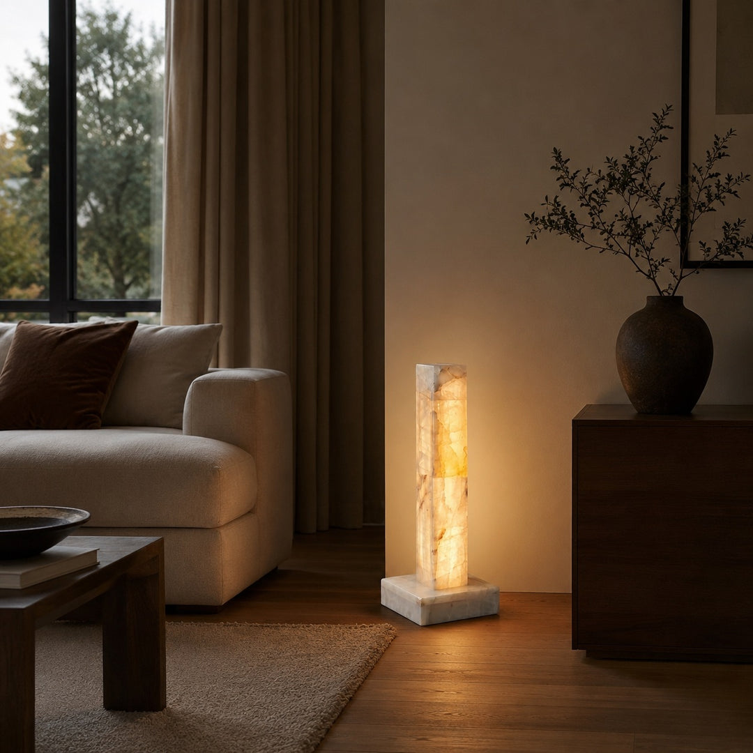 Modern Floor Lamp Adjustable Alabaster Body with Marble Base and Integrated LED Lighting