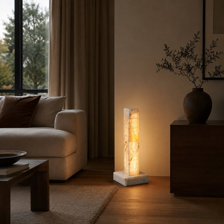 Modern Floor Lamp Adjustable Alabaster Body with Marble Base and Integrated LED Lighting