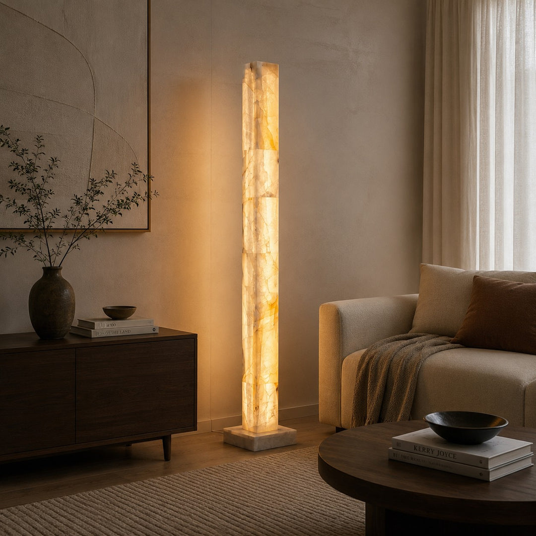 Modern Floor Lamp Adjustable Alabaster Body with Marble Base and Integrated LED Lighting