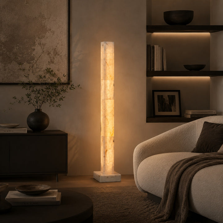 Modern Floor Lamp Adjustable Alabaster Body with Marble Base and Integrated LED Lighting