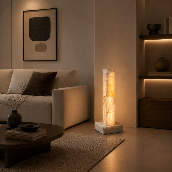 Modern Floor Lamp Adjustable Alabaster Body with Marble Base and Integrated LED Lighting