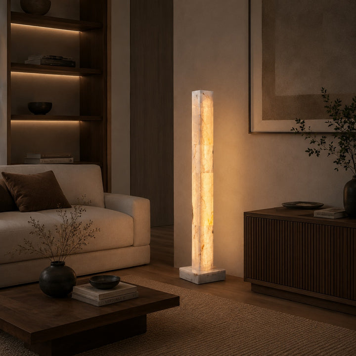Modern Floor Lamp Adjustable Alabaster Body with Marble Base and Integrated LED Lighting