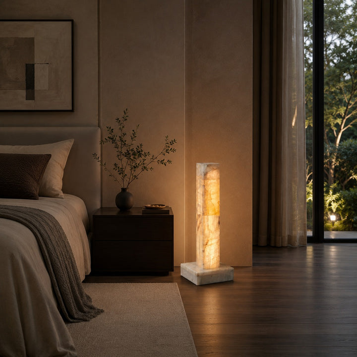Modern Floor Lamp Adjustable Alabaster Body with Marble Base and Integrated LED Lighting