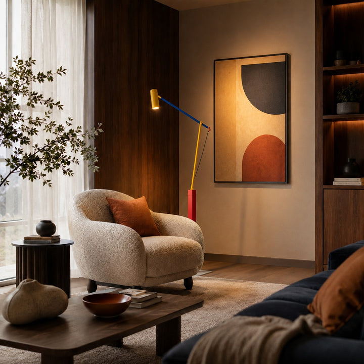 Modern Floor Lamp Adjustable Height Iron Body Aluminum Shade LED Warm Light