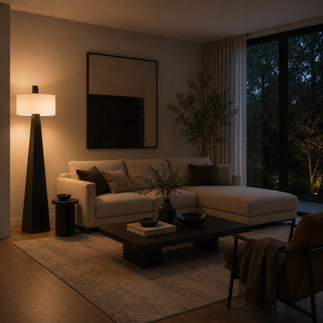 Modern Floor Lamp Adjustable Height Iron Body Fabric Shade Asymmetrical Design for Living Room