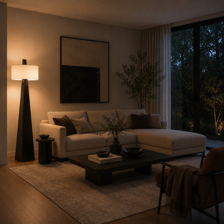 Modern Floor Lamp Adjustable Height Iron Body Fabric Shade Asymmetrical Design for Living Room
