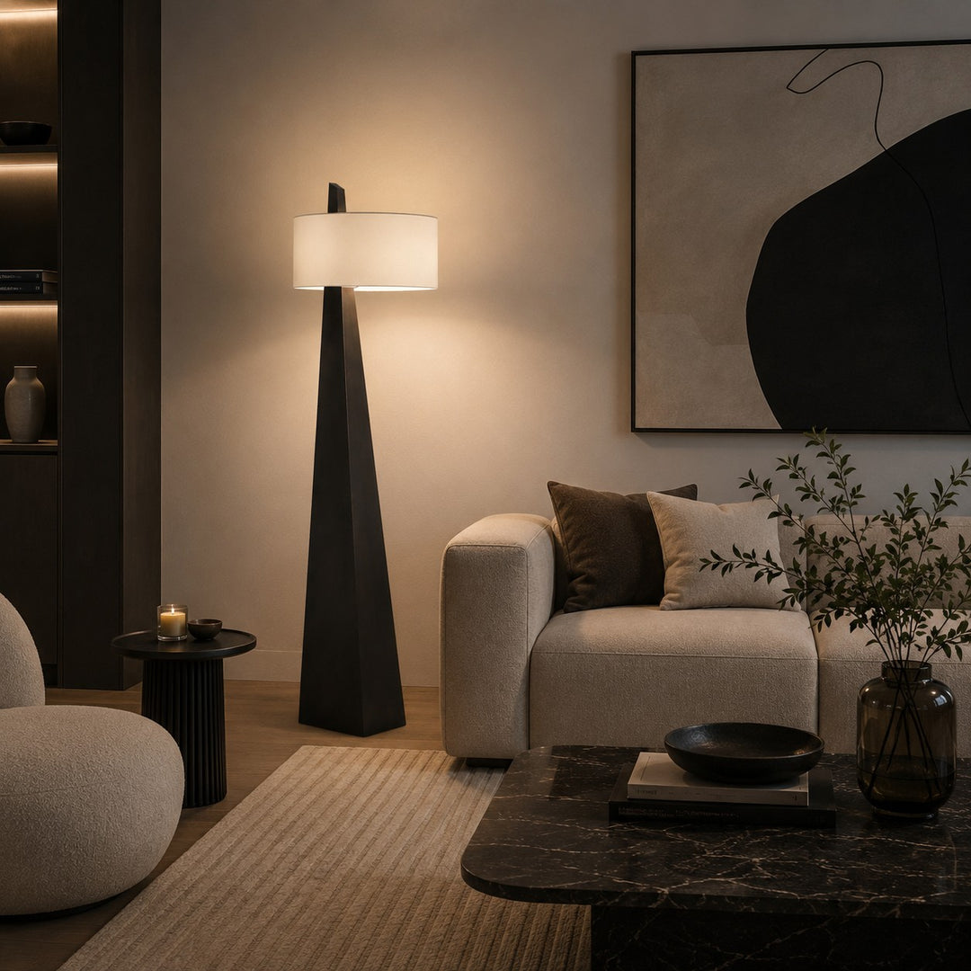 Modern Floor Lamp Adjustable Height Iron Body Fabric Shade Asymmetrical Design for Living Room