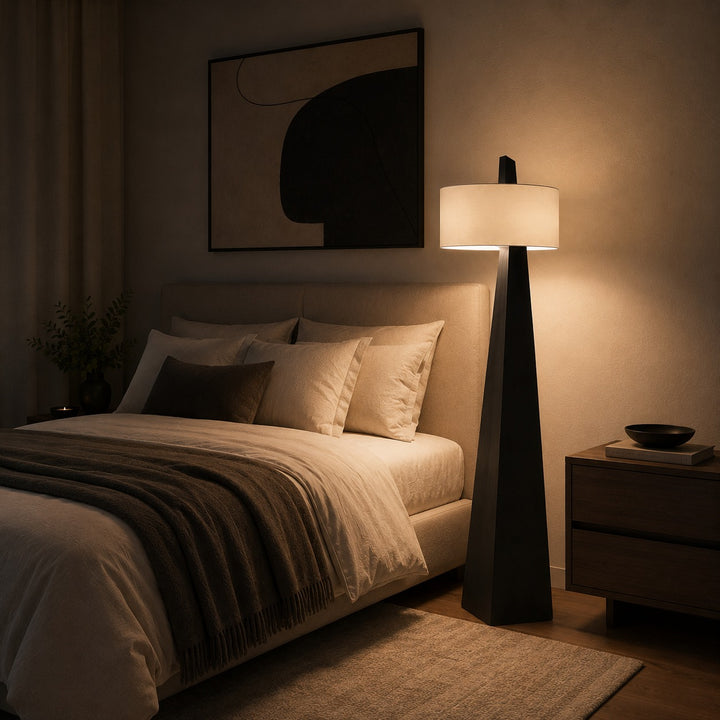 Modern Floor Lamp Adjustable Height Iron Body Fabric Shade Asymmetrical Design for Living Room