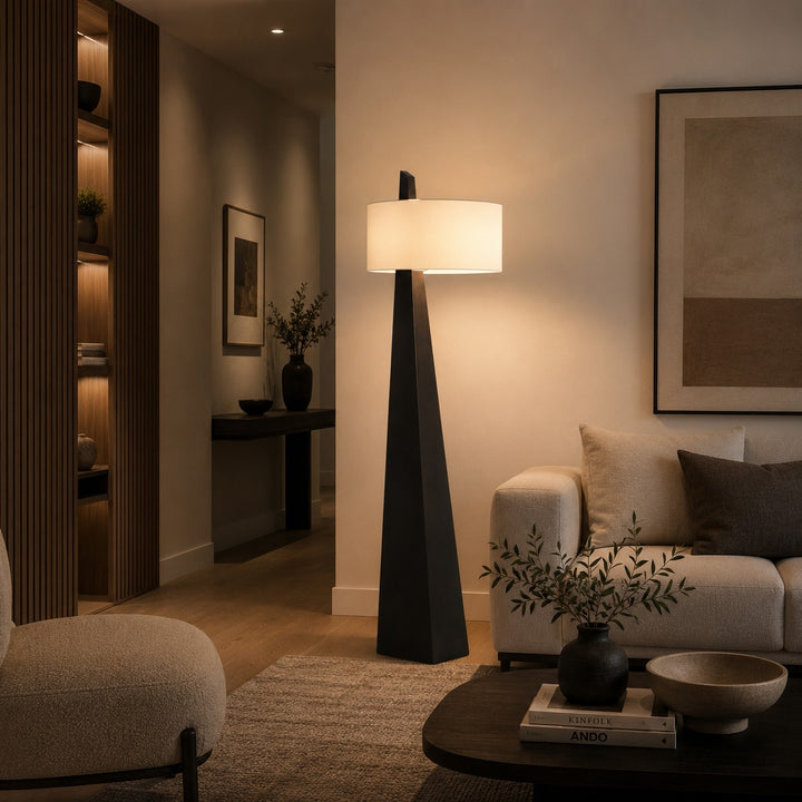 Modern Floor Lamp Adjustable Height Iron Body Fabric Shade Asymmetrical Design for Living Room