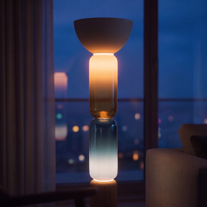 Modern Floor Lamp Adjustable Height Wrought Iron Base Glass Shade LED Lighting