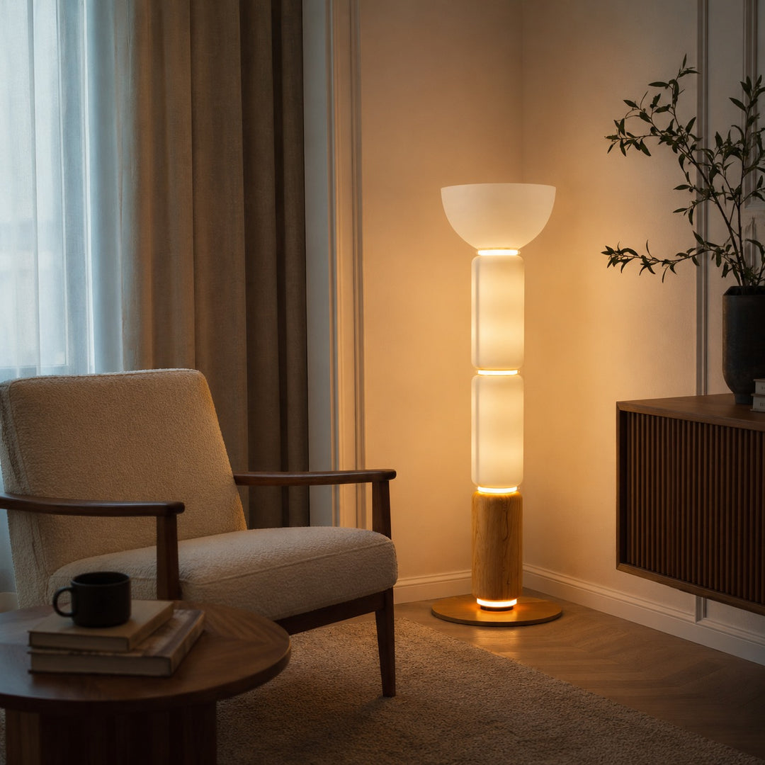 Modern Floor Lamp Adjustable Height Wrought Iron Base Glass Shade LED Lighting