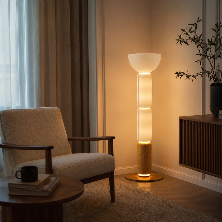 Modern Floor Lamp Adjustable Height Wrought Iron Base Glass Shade LED Lighting
