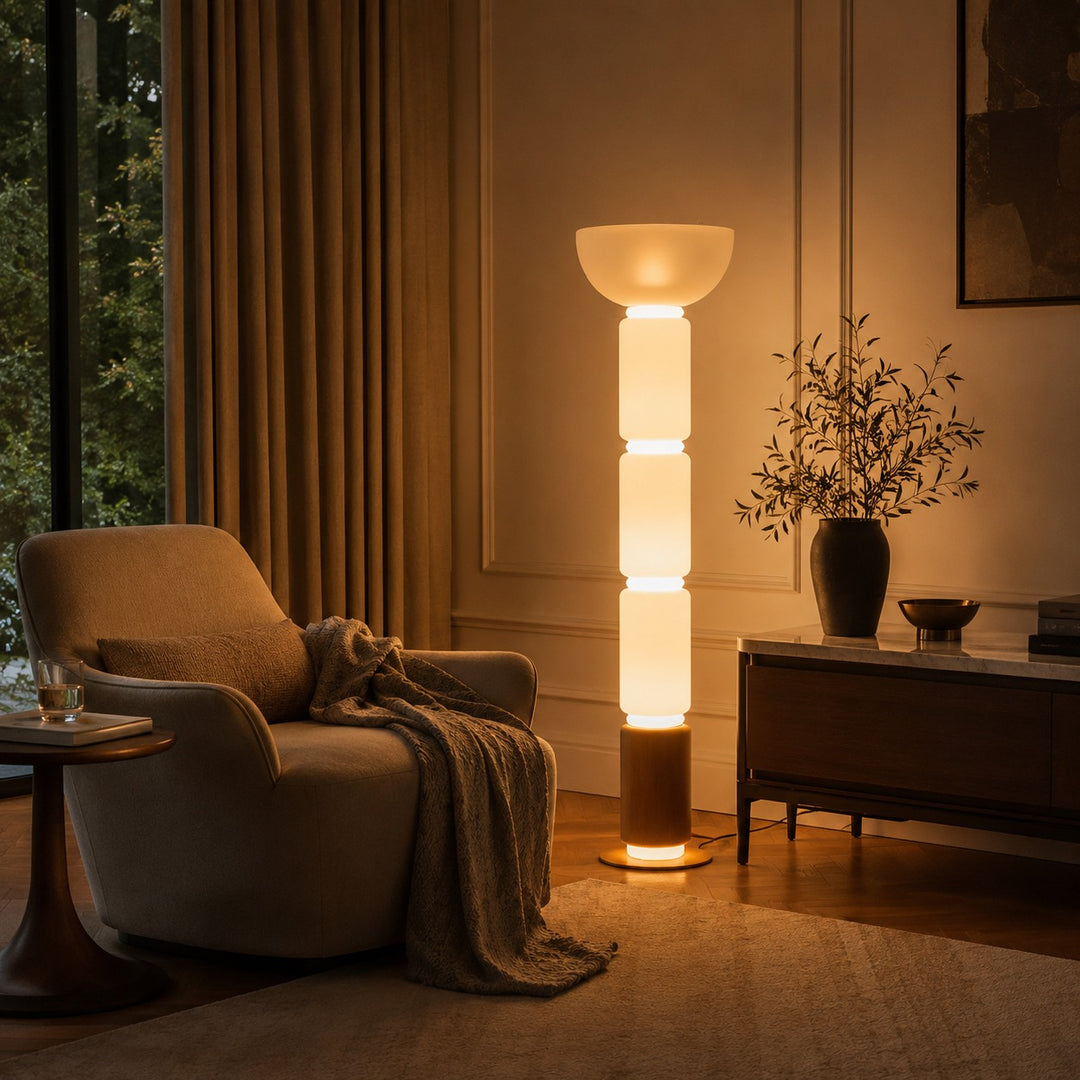 Modern Floor Lamp Adjustable Height Wrought Iron Base Glass Shade LED Lighting