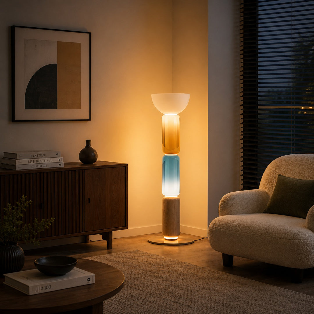 Modern Floor Lamp Adjustable Height Wrought Iron Base Glass Shade LED Lighting