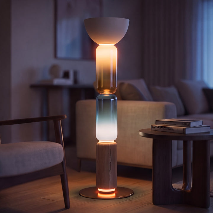 Modern Floor Lamp Adjustable Height Wrought Iron Base Glass Shade LED Lighting