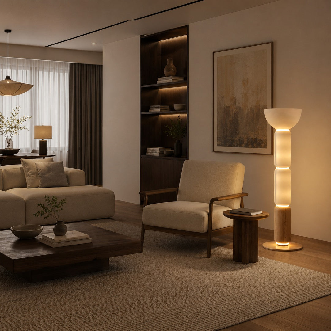 Modern Floor Lamp Adjustable Height Wrought Iron Base Glass Shade LED Lighting
