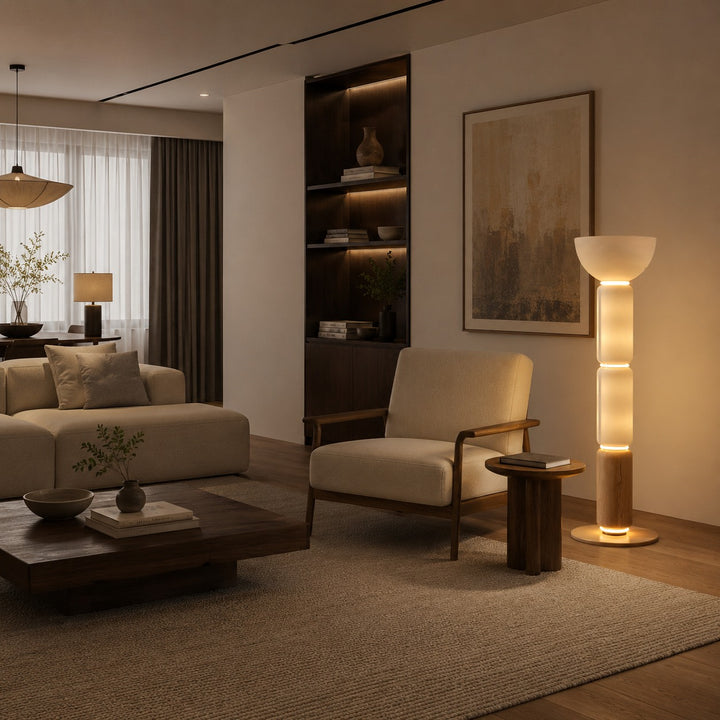 Modern Floor Lamp Adjustable Height Wrought Iron Base Glass Shade LED Lighting