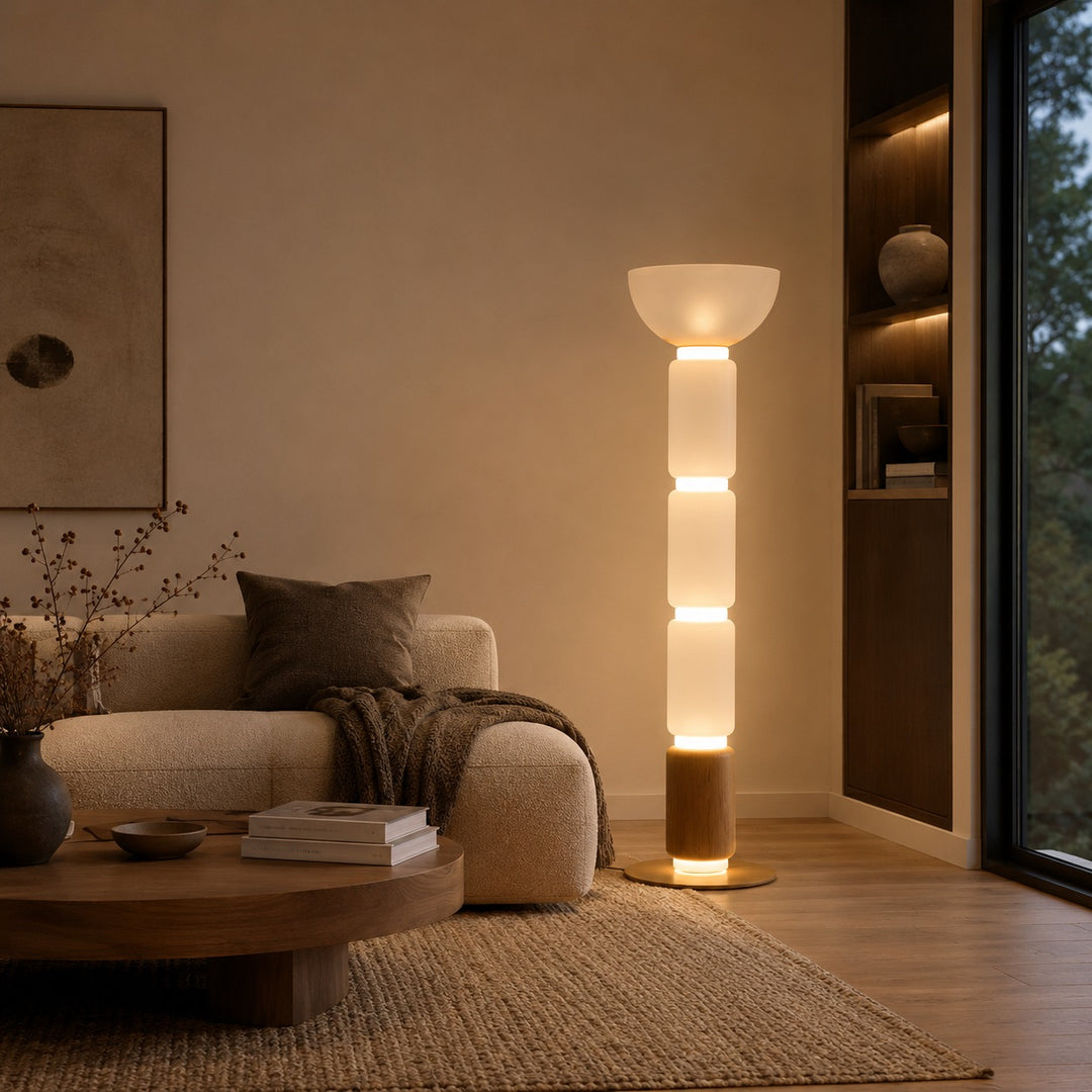 Modern Floor Lamp Adjustable Height Wrought Iron Base Glass Shade LED Lighting