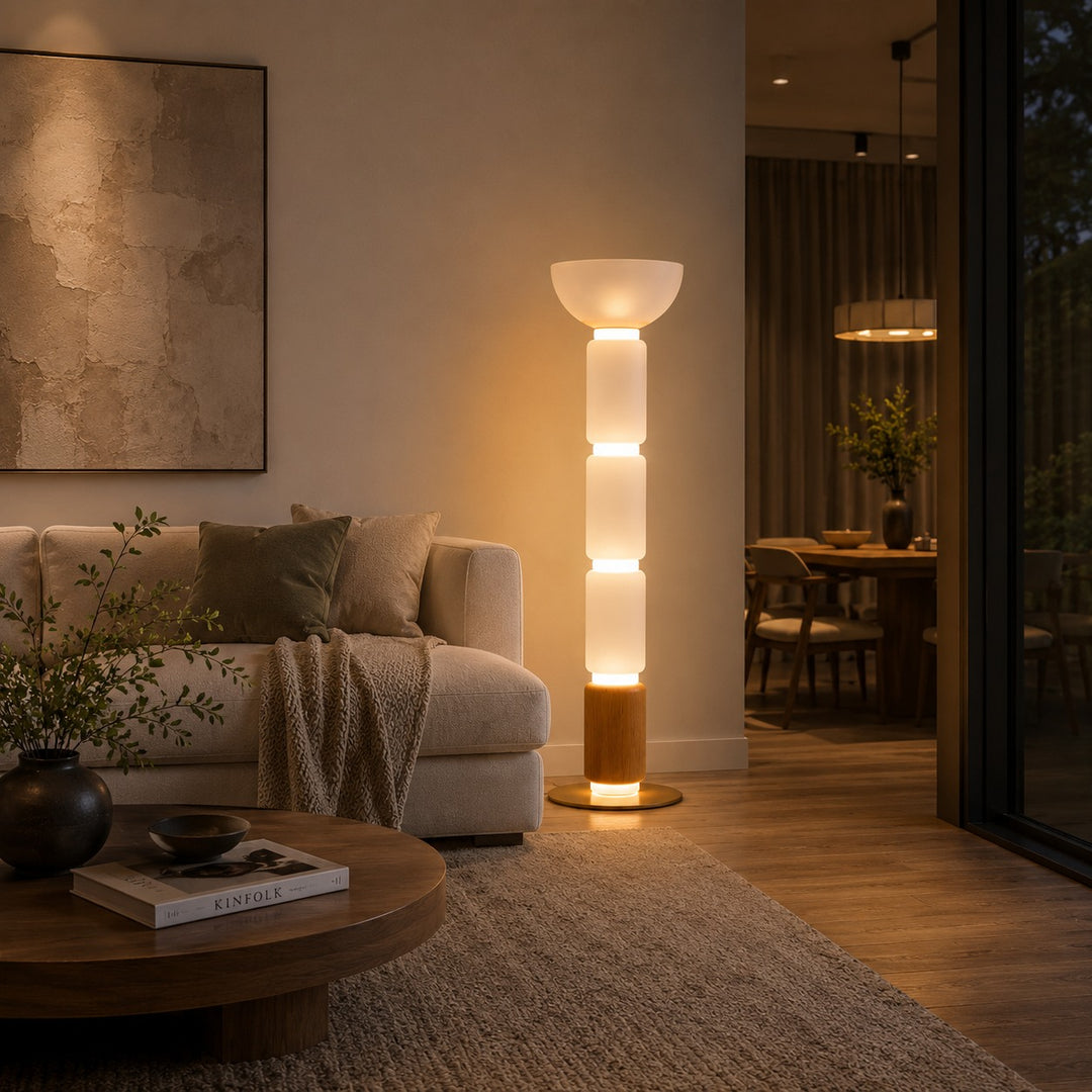 Modern Floor Lamp Adjustable Height Wrought Iron Base Glass Shade LED Lighting