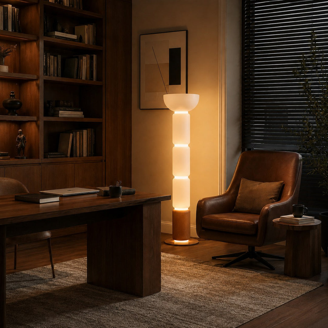 Modern Floor Lamp Adjustable Height Wrought Iron Base Glass Shade LED Lighting