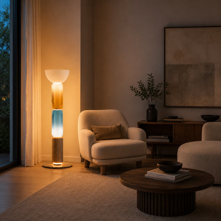 Modern Floor Lamp Adjustable Height Wrought Iron Base Glass Shade LED Lighting
