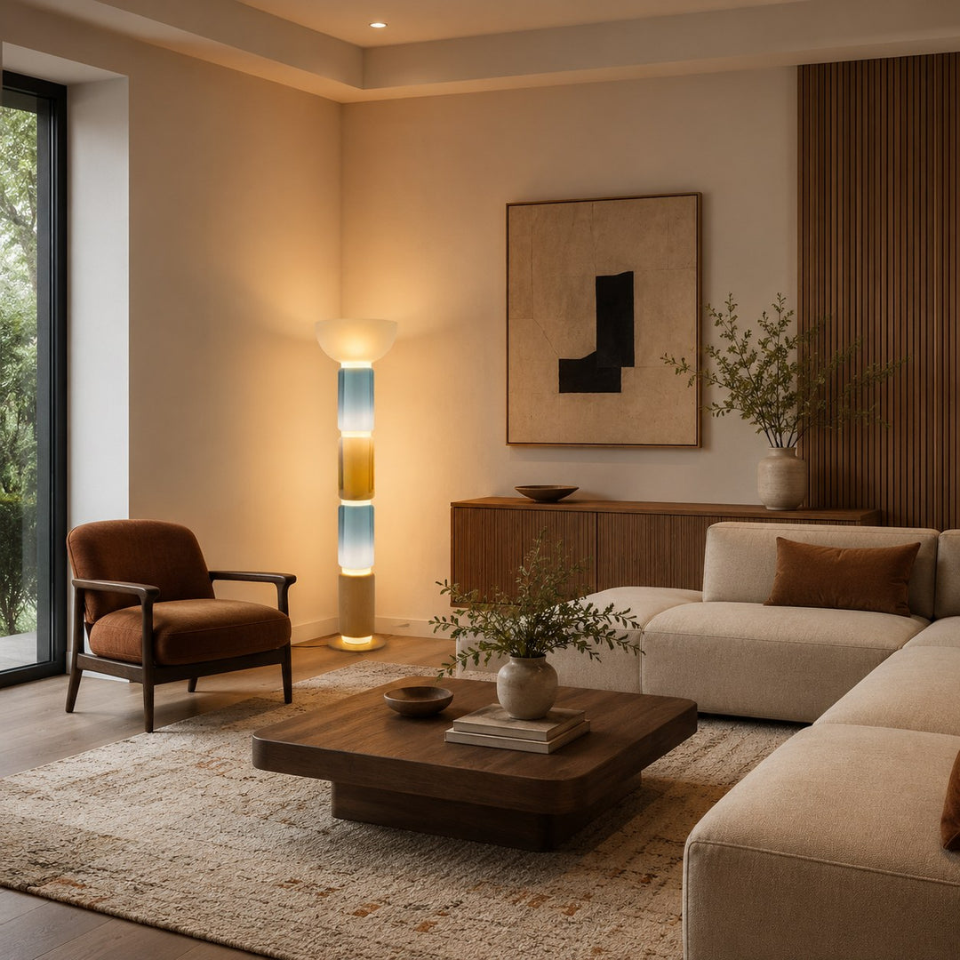 Modern Floor Lamp Adjustable Height Wrought Iron Base Glass Shade LED Lighting