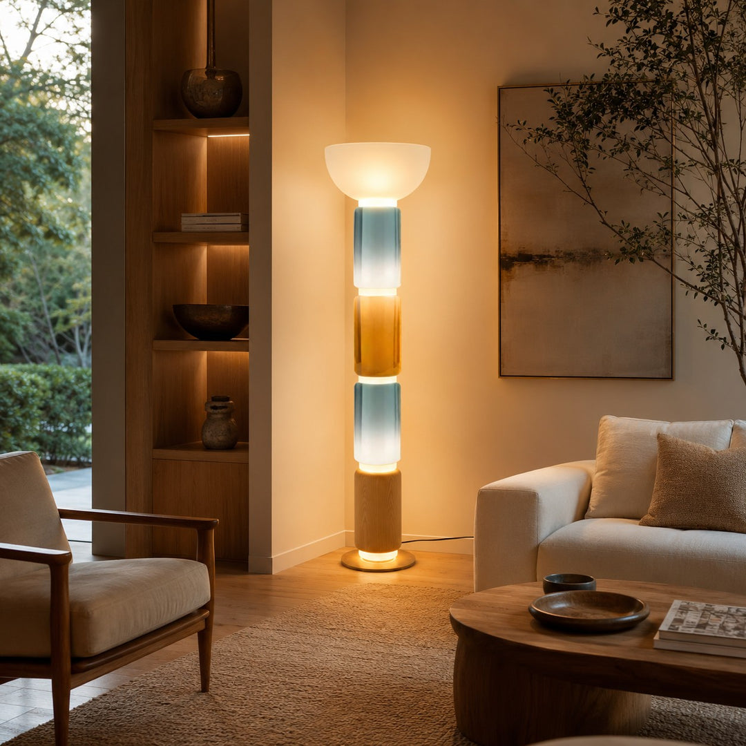 Modern Floor Lamp Adjustable Height Wrought Iron Base Glass Shade LED Lighting