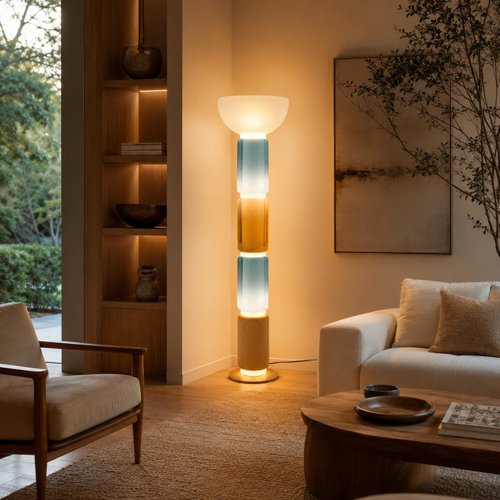 Modern Floor Lamp Adjustable Height Wrought Iron Base Glass Shade LED Lighting